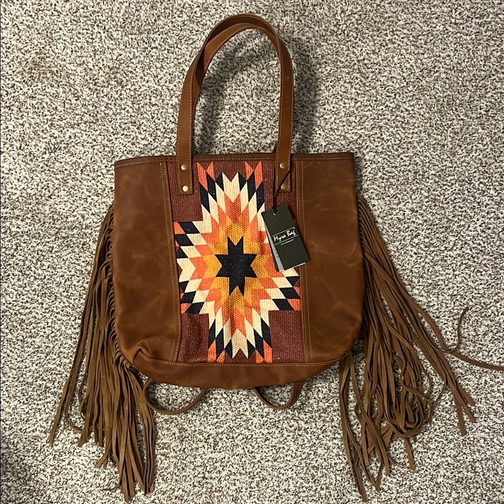 Myra Brown Fringe Tote Bag with Aztec Pattern